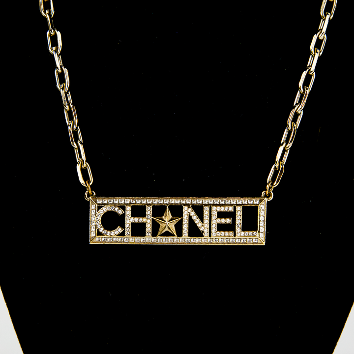 Chanel Gold 
Crystal Nameplate Necklace