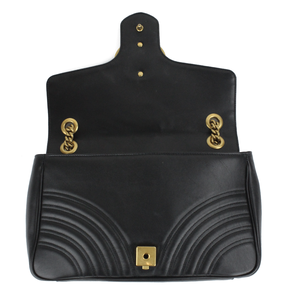 Flap View of Gucci Black Leather GG Marmont Medium Matelassé Shoulder Bag