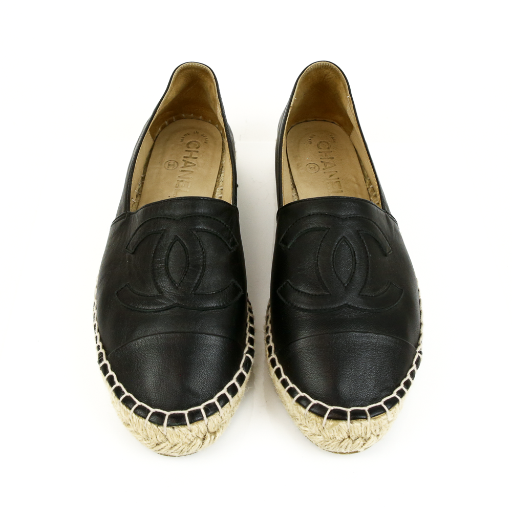 top view of Chanel Black Leather Interlocking CC Espadrille Flats