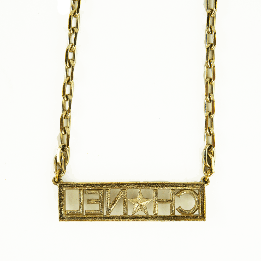 Back view of Chanel Gold 
Crystal Nameplate Necklace