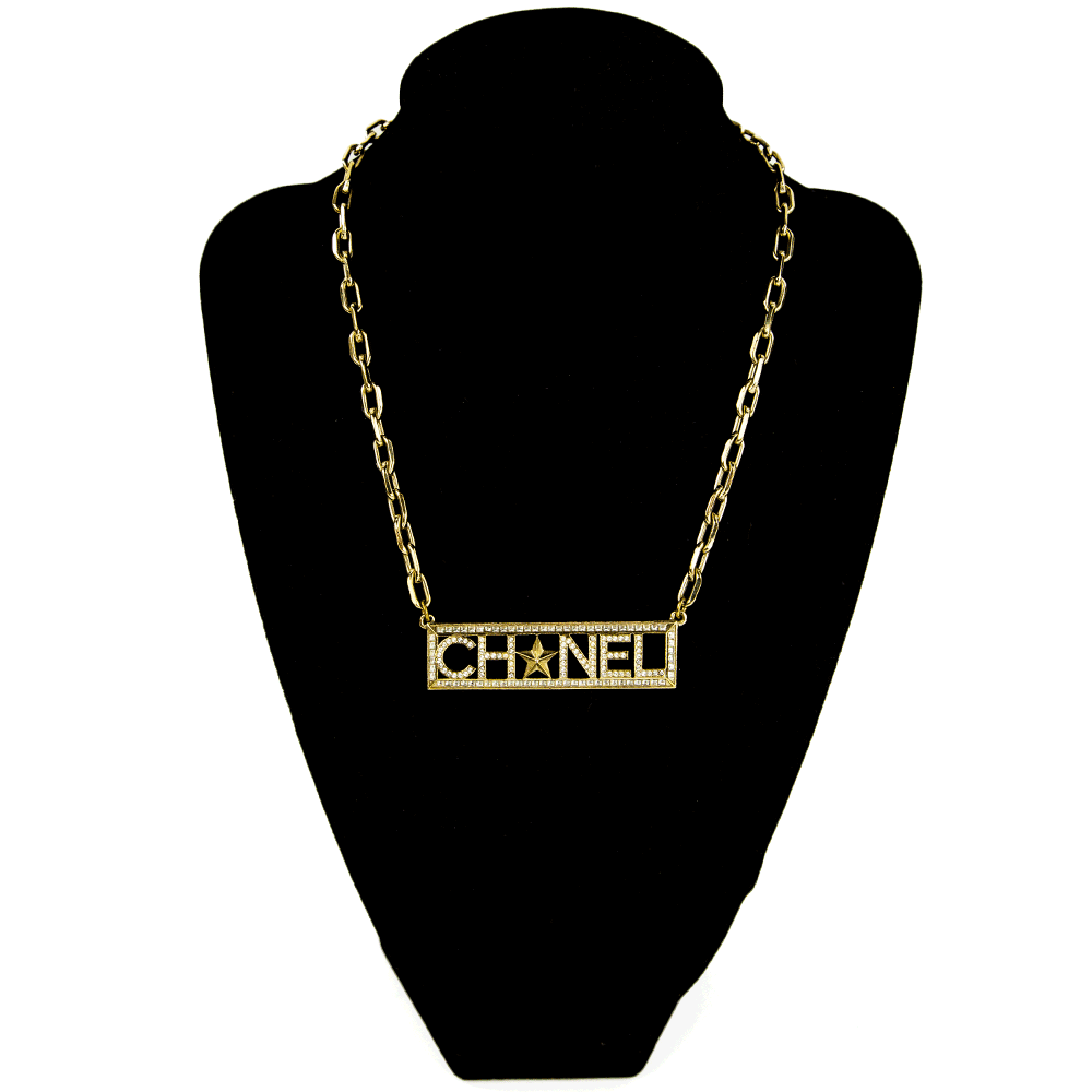 Chanel Gold 
Crystal Nameplate Necklace