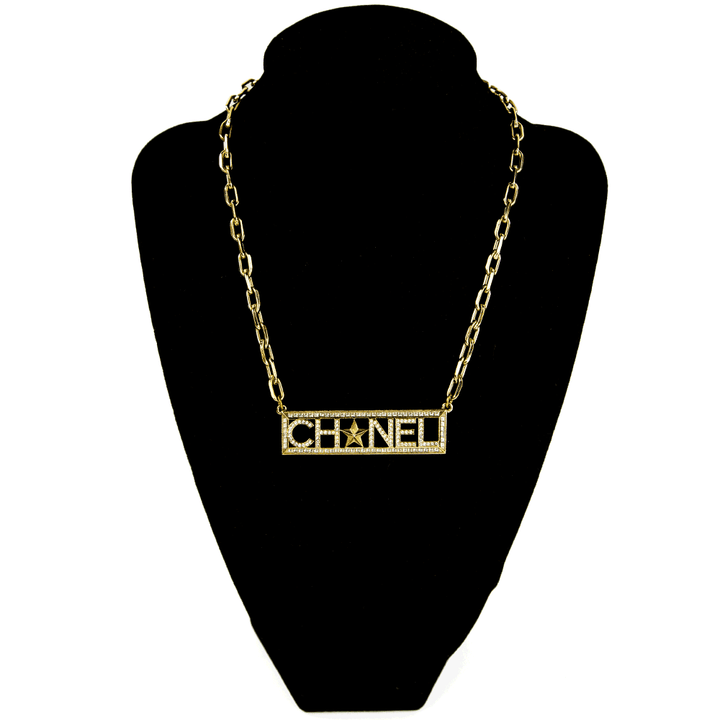 Chanel Gold 
Crystal Nameplate Necklace